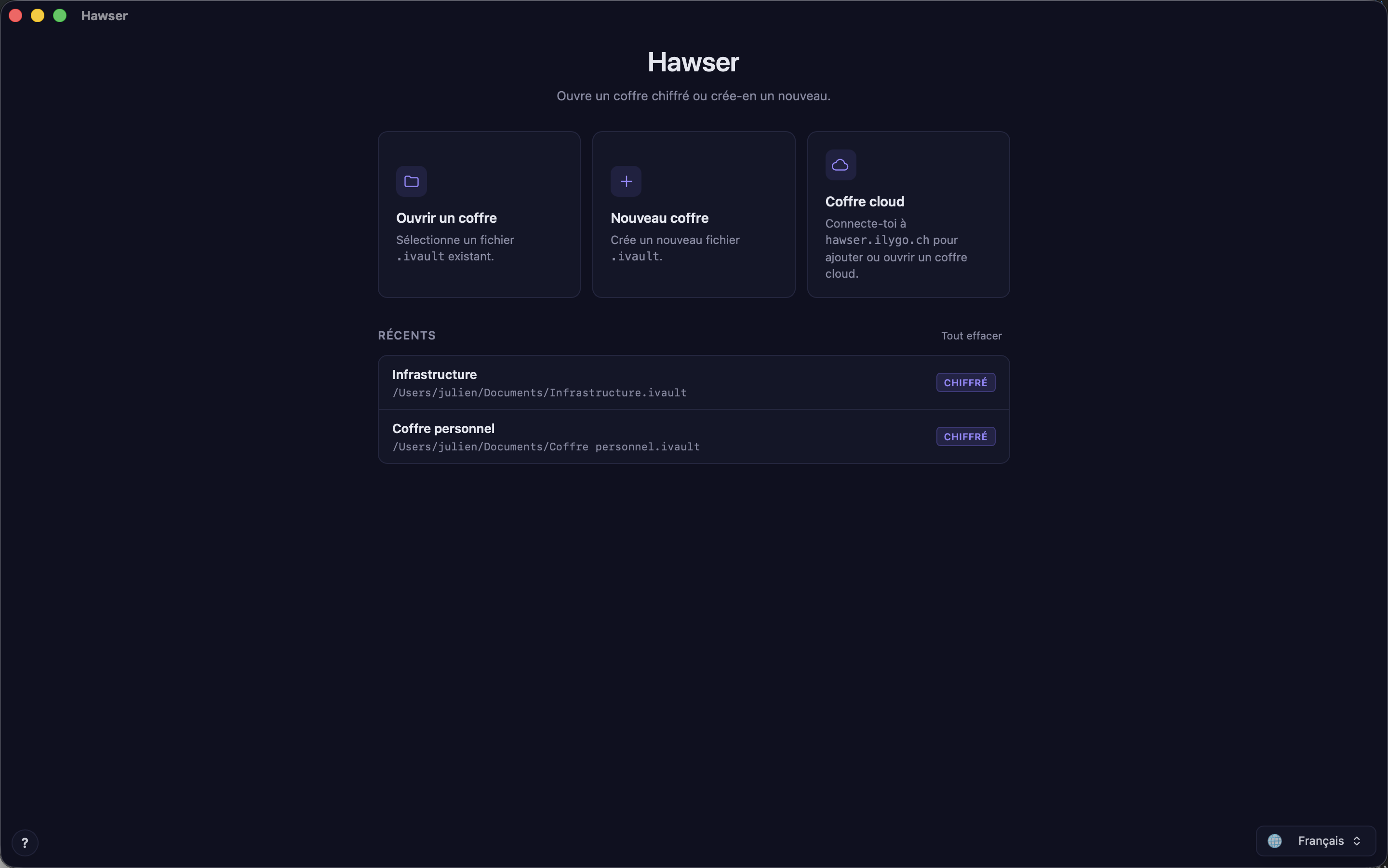 Hawser home screen with the action cards and the list of recent vaults