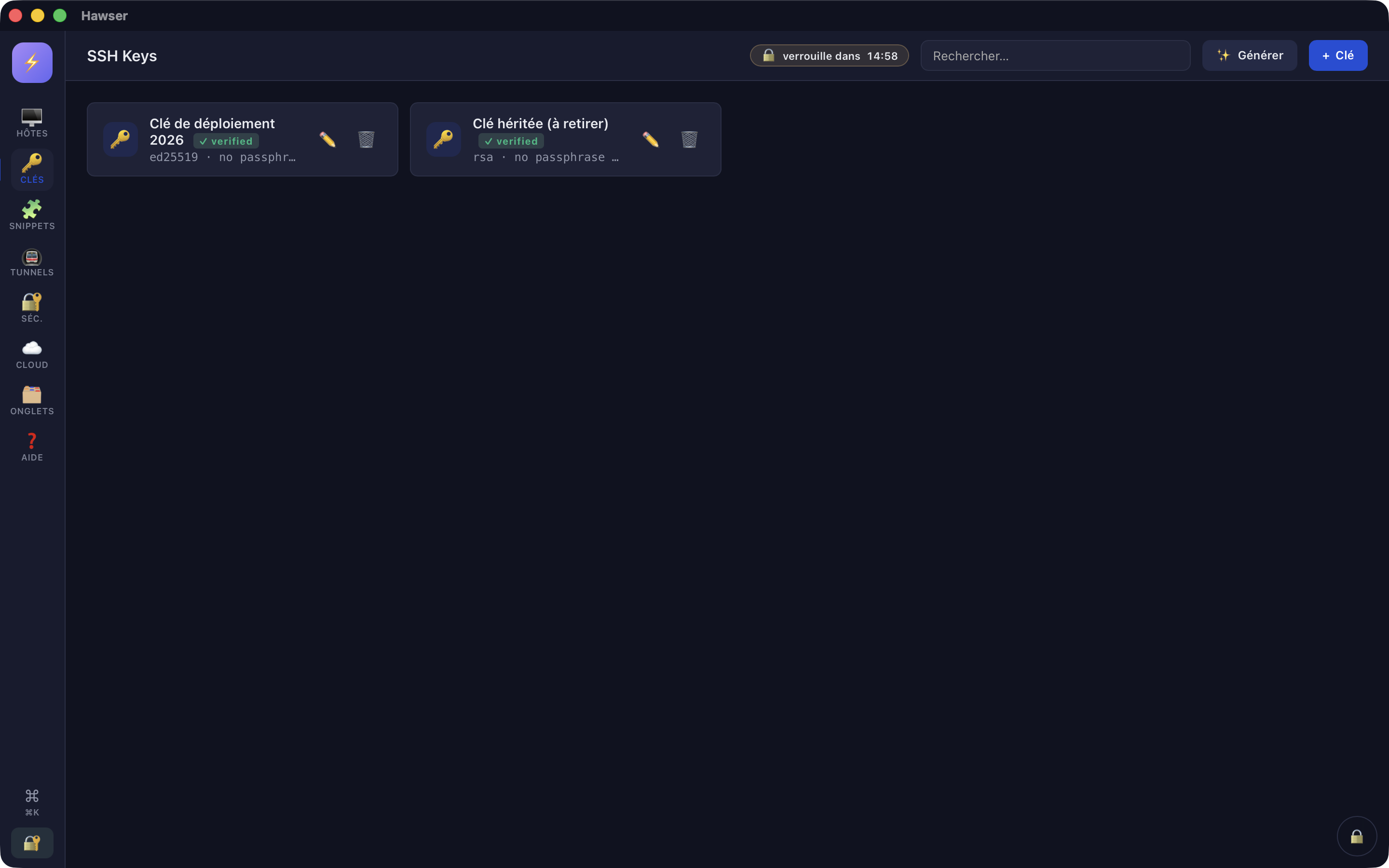 Hawser Keys view, list of SSH keys with their type and usage count