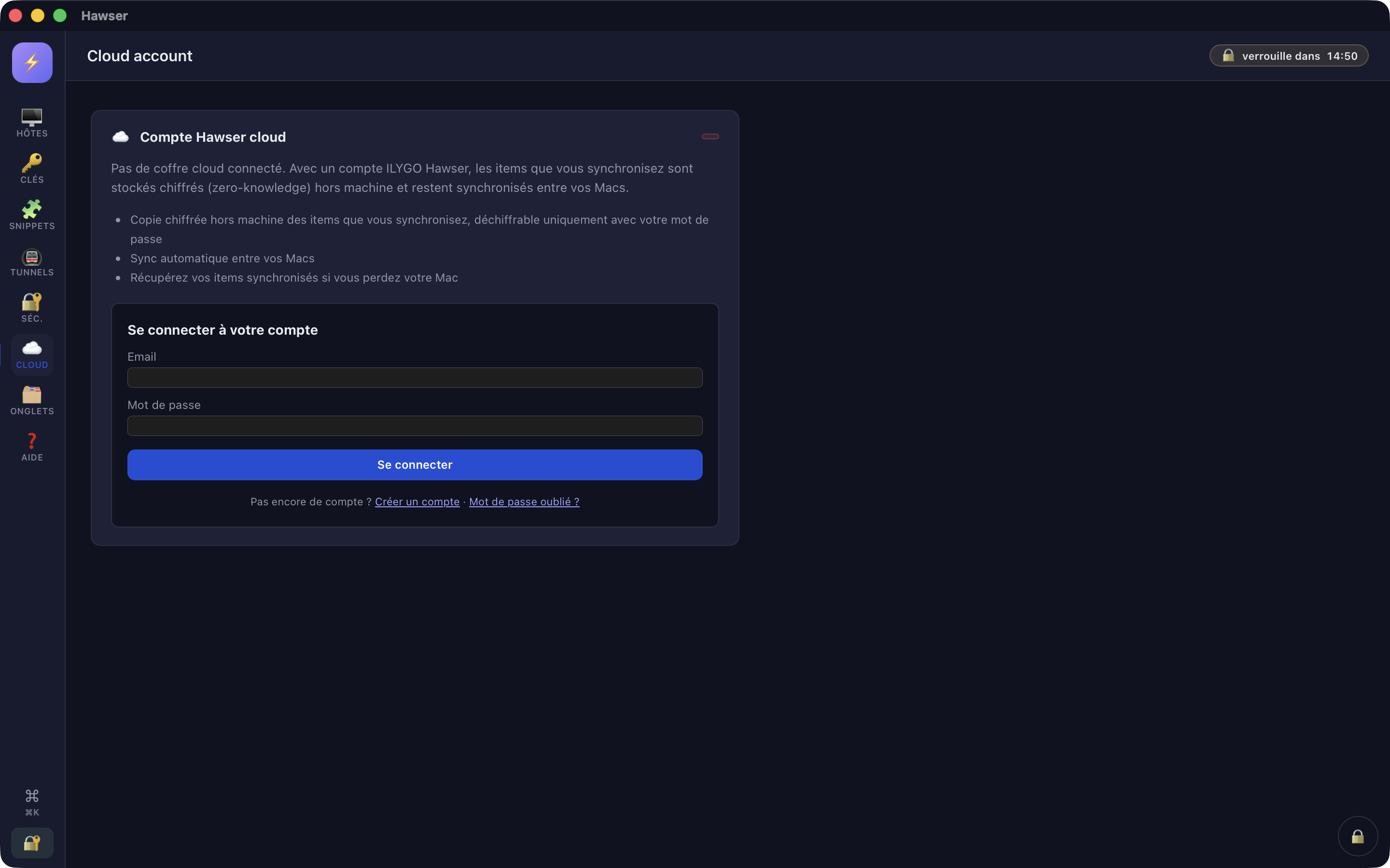 Hawser cloud account view showing the sign-in form