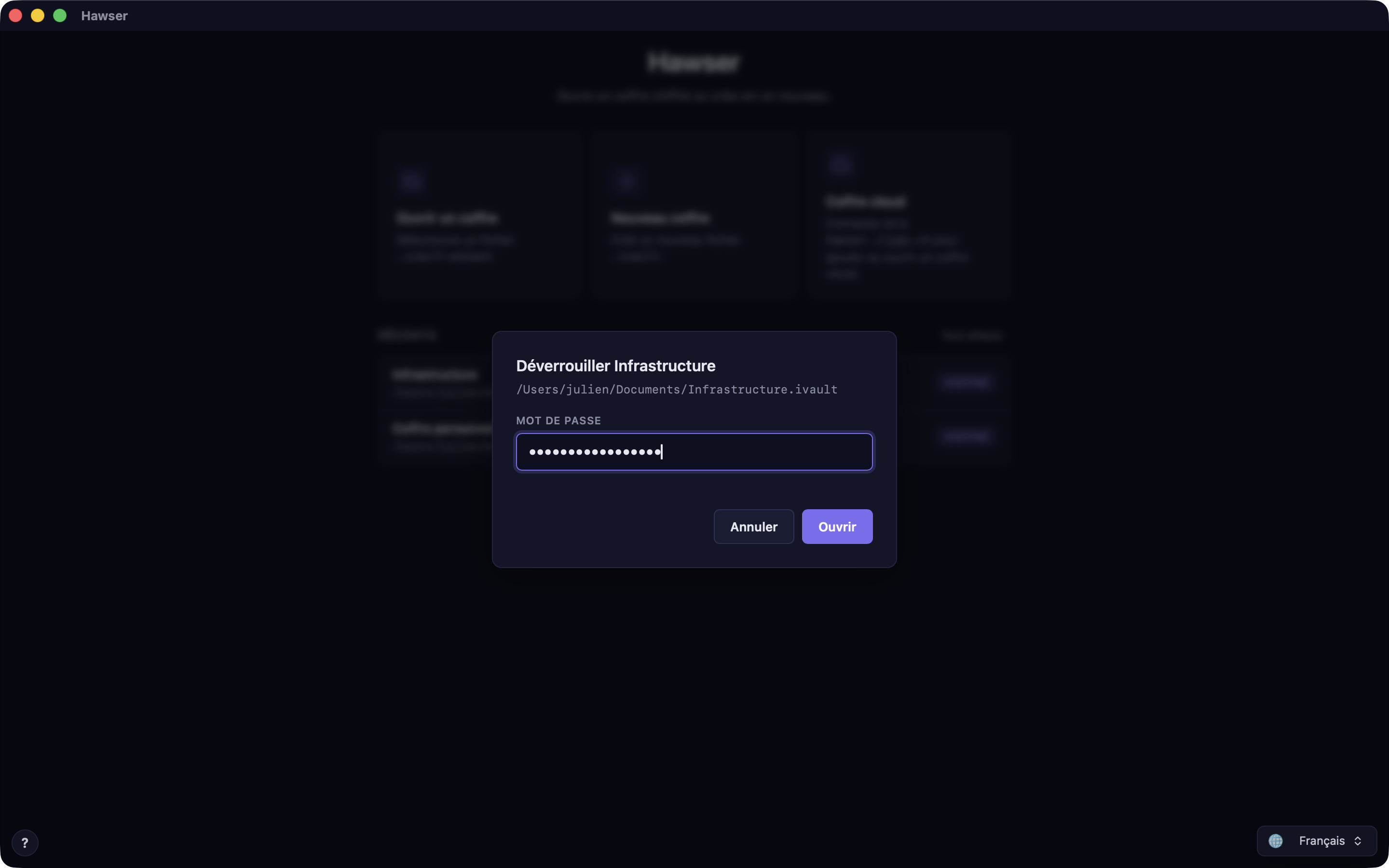Hawser vault unlock modal, with the password field