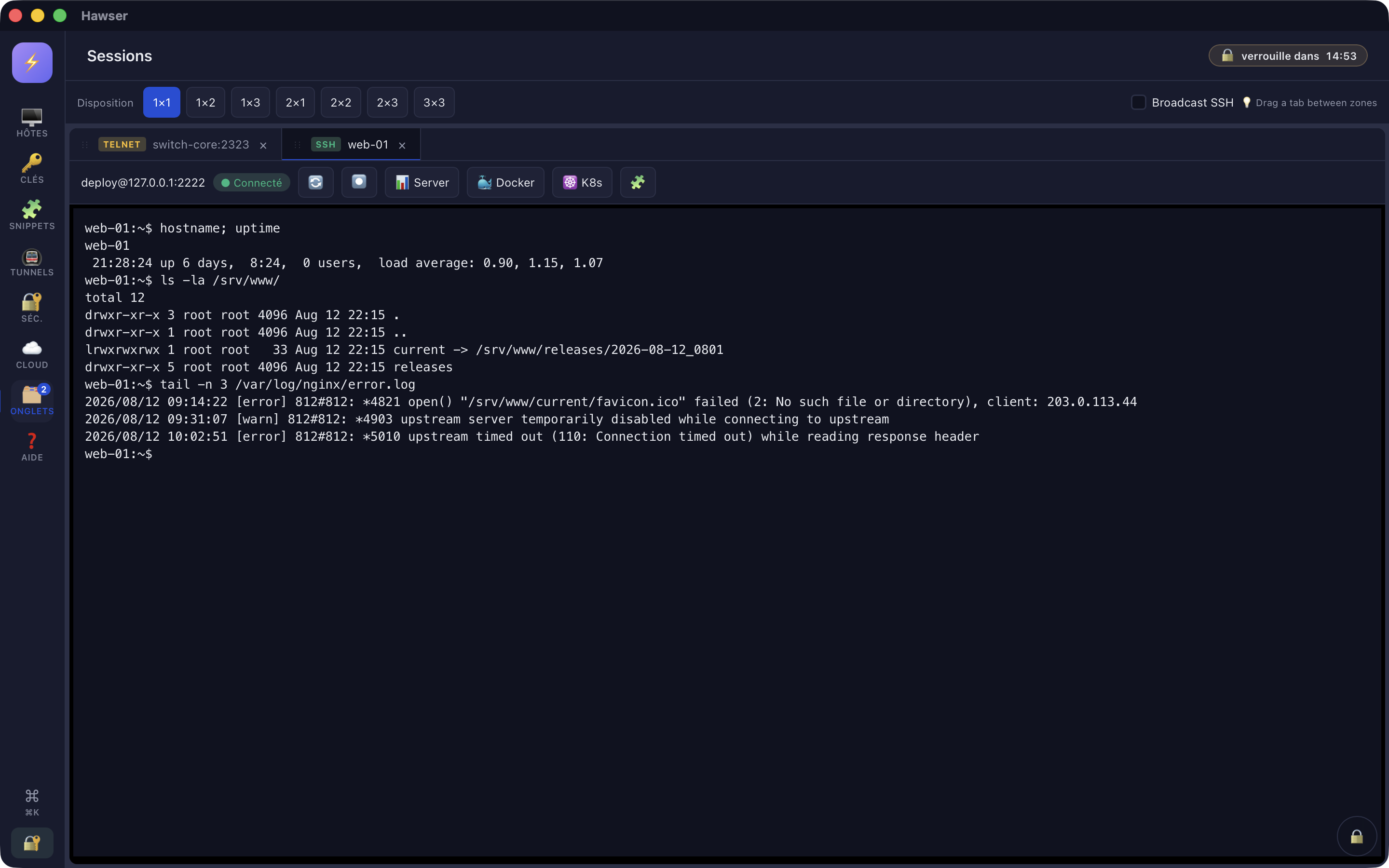 SSH session in Hawser, showing command output and the dashboard toolbar