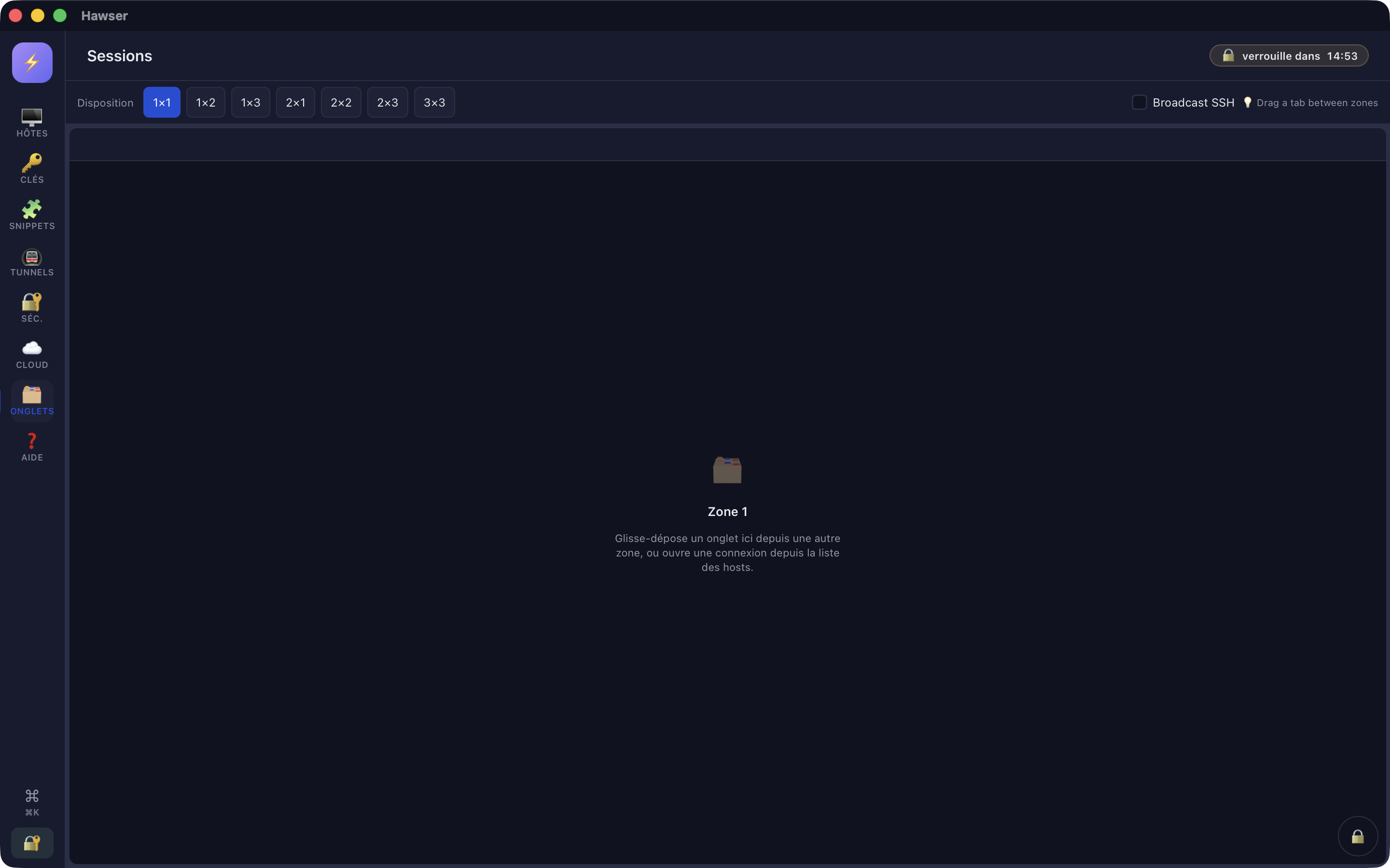 Empty Sessions view, with no connection tab open.