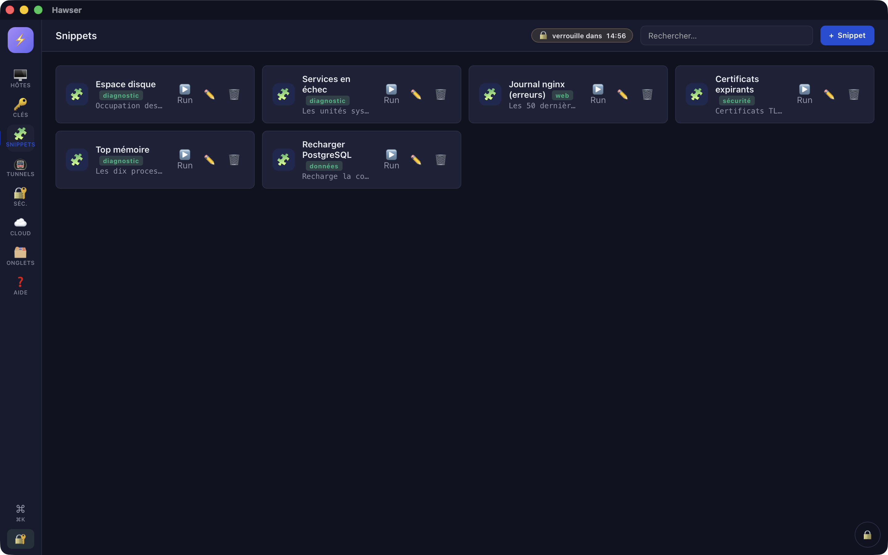 Snippets view with several tiles, each carrying a name, a tag pill and the Run, edit and delete buttons.